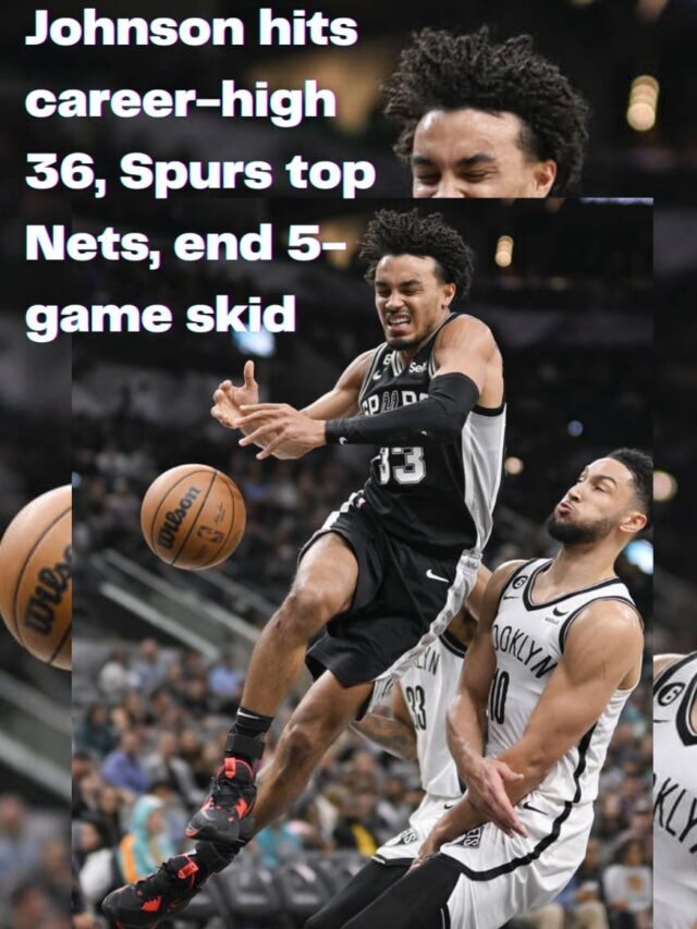 Johnson hits career-high 36,
San Antonio Spurs’ Tre Jones (33) loses the ball as he collides with Brooklyn Nets’ Ben Simmons during the second half of an NBA